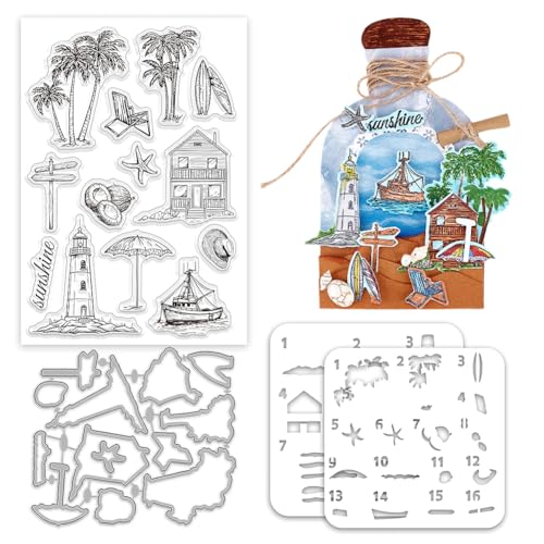 INFUNLY Summer Beach Clear Stamp and Metal Die Cut Set Ocean Theme Transparent Seals for Card Making Layered Color Coating Stencils Coconuts Trees Lighthouse Boats Stamps and Dies for DIY Scrapbooking