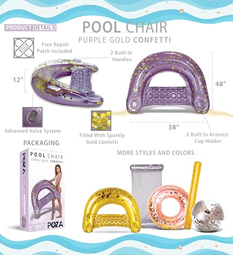 Image of POZA Inflatable Pool Float Chair - Luxurious Lounger Filled with Sparkle Confetti, 2 Built in Cup Holders & Handles, Water Floating Chair for Beach, Lake & Swimming Pool - 48 x 38 Inch
