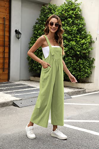Qibabu Womens Bib Cotton Overalls Baggy Fashion Sleeveless Wide Leg Jumpsuits Casual Summer Strap Long Rompers With Pockets(1666-Lime-Xl-Qb) #TOP3