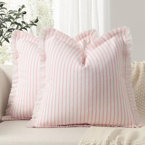 Image of ZWJD Throw Pillow Covers 20x20 Set of 2 Striped Pillow Covers with Fringe Chic Cotton Decorative Pillows Square Cushion Covers for Sofa Couch Bed Living Room Farmhouse Decor (Pink)