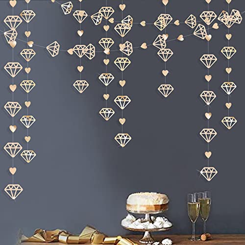 Image of 52 Ft Valentines Day Party Decorations Champagne Gold Heart Garland Hanging Paper Diamond Heart Streamer Banner for Engagement Bachelorette Bridal Shower Wedding Anniversary Mothers Day Birthday Party