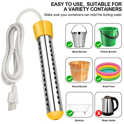 Immersion Heater, GESAIL 1500W Submersible Immersion Water Heater with Full 304 Stainless-steel Guard, Bucket Heater Heats 5 Gallons of Water in Mimutes - Yellow - Thumbnail 2