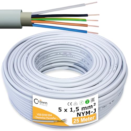 NYM-J 5x1 5mm Kabel 25m Mantelleitung | Feuchtraumkabel nach DIN VDE 0250-204 | Elektrokabel 5-Adrig Kupfer Stromkabel für Elektroinstallation in Hellgrau | Länge am Stück Deutsche Markenhersteller