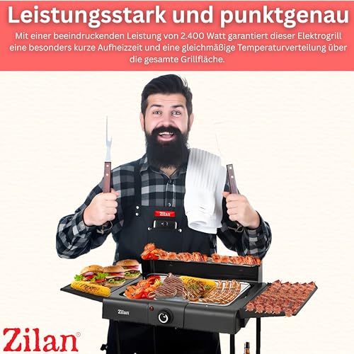 2in1 Elektro Grill Standgrill Tischgrill elektrisch 2.400 Watt - Elektrogrill für Balkon, Draußen & Drinnen mit Standfuß große Grillfäche Stufenloser Temperaturregler elektrischer BBQ Grill 4