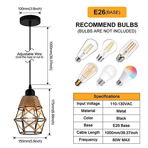 Industrial Pendant Light,Farmhouse Hemp Rope Ceiling Light,Rustic Woven Adjustable Hanging Flush Mount Ceiling Swag Lamp, Black Metal Cage Shade,E26 Base for Kitchen Island, Living Room, Bar,2-Pack - Image 3