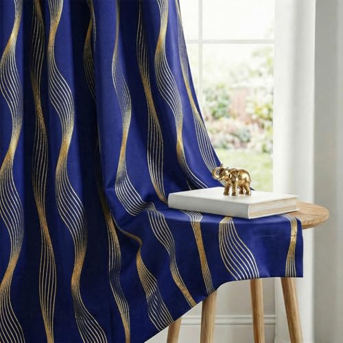 Image of Urban Space 80-85% True Blackout Curtains for Door, Gold Foil Printed Blackout Curtains, Decorative Door Curtain Eyelet with Tieback, 1 Piece Curtain for Living Room(Double Wave Navy Blue, 7 Feet)