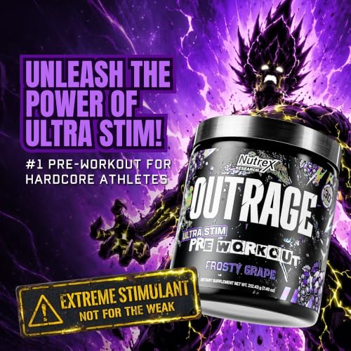 Image of Outrage Ultra HIGH STIM Pre-Workout Powder for Men | 400mg Caffeine, L-Citrulline, Beta-Alanine, Creatine | Extreme Energy, Focus, Strength & Endurance (30 Servings, Frosty Grape)