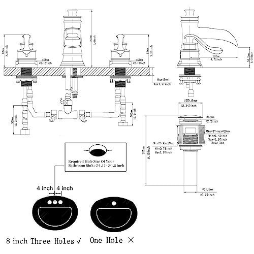 Bwe 3 Hole Widespread Bathroom Faucet 8 Inch Oil Rubbed Bronze Farmhouse Waterfall Pop Up Drain Stopper Assembly With Overflow And Supply Line Lead-Free Two Handle Bath Lavatory Sink Orb Mixer Tap #TOP5