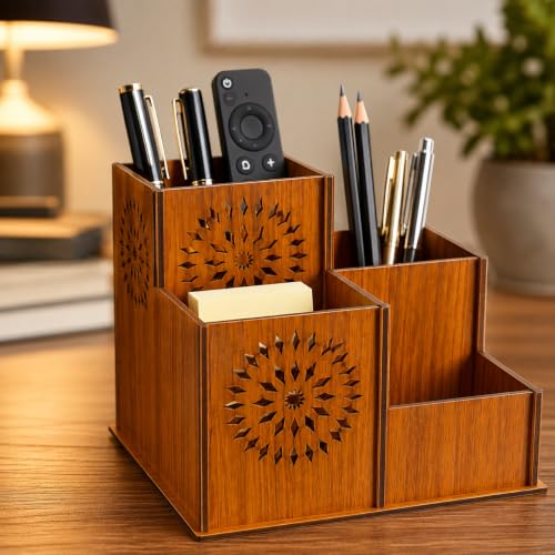 Image of Zesta Wooden Desk Organizer Pen Stand Remote Holder Card Slot | Table Accessory Office Desk Study Room | Pencil Storage Stand Stylish Workspace Decor (Nainteek, 4 Compartment Organiser)