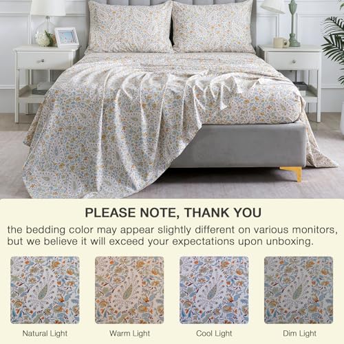 Image of Vintage Paisley Pattern Percale Sheets King Size, Light Beige Shabby Floral Chic Toile Bed Sheets, Soft Crisp 100% Cotton Deep Pocket Cozy House Sheet Set, Luxury Cottage Core Bedding, 4Pcs