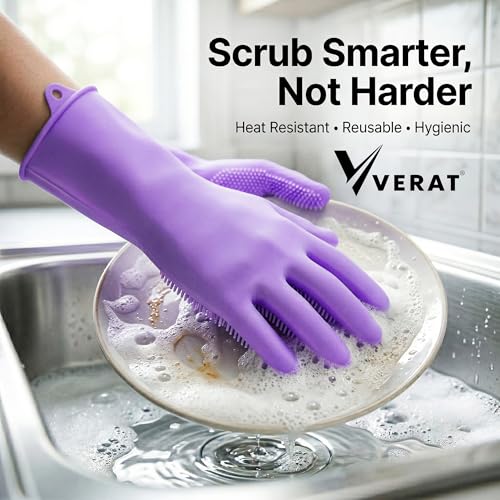 Image of Kitchen Dishwashing Gloves for Washing Dishes - Reusable Rubber /Silicone Cleaning Gloves for Kitchen, Bathroom & Car Cleaning - Waterproof Household Hand Gloves for Women, Home Essentials (Purple)