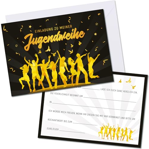 COMOOKA 15 Stücke Jugendweihe Einladungskarten Zur Jugendweihe Einladung für Junge Mädchen Schwarz Gold mit Umschlägen A6 jugendweihedeko