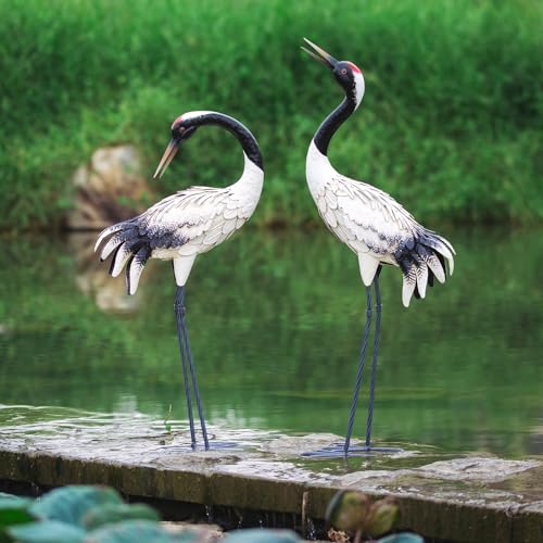 Chisheen Garden Crane Statues Outdoor Heron Red Crowned Crane Metal Yard Art Sculpture,Set Of 2 thumb #7