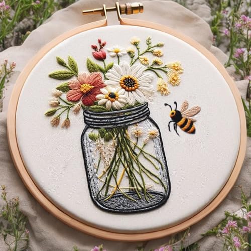 Image of AEDNX 3 Pack Beginner Embroidery Kit DIY Cross Stitch Kit for Adults with Cute Flowers Patterns Includes 3 Embroidery Hoops Detailed Instructions Complete Accessories