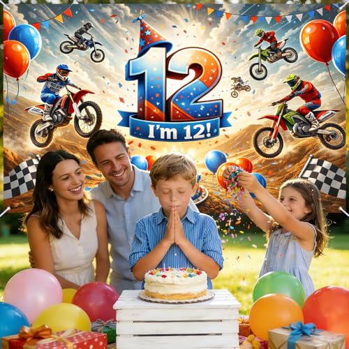Image of Nuxovilar Happy 12th Birthday Banner Backdrop 71 inchx43 Polyester | Celebrate Party Supplies, Celebration Decor. Dirt Bike Birthday Party Decorations. Yard, Garage, Room. (Dirt Bike 12th)