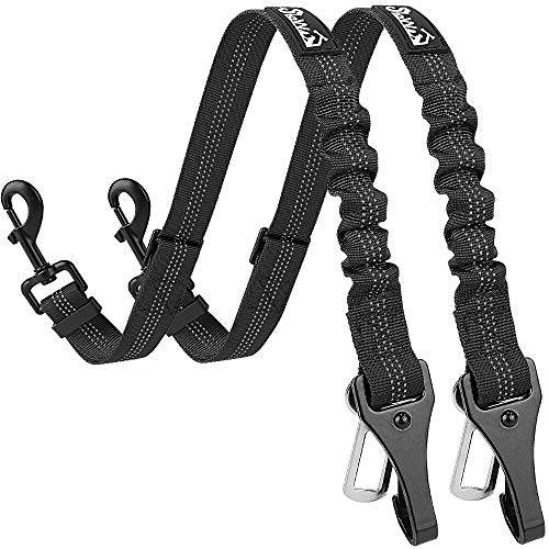 AUTOWT Dog Seat Belt, 2 in 1 Latch Bar Attachment Dog Car Seatbelt Metal Buckle Elastic Bungee Buffer Reflective Nylon Belt Tether Connect to Dog Harness for Pet Safety (Black + Black)