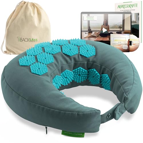 BACKLAxx ® Cojín cervical de acupresión, reversible, mezcla de lino de alta calidad, materiales sostenibles, 27 x 27 cm, relleno de trigo sarraceno