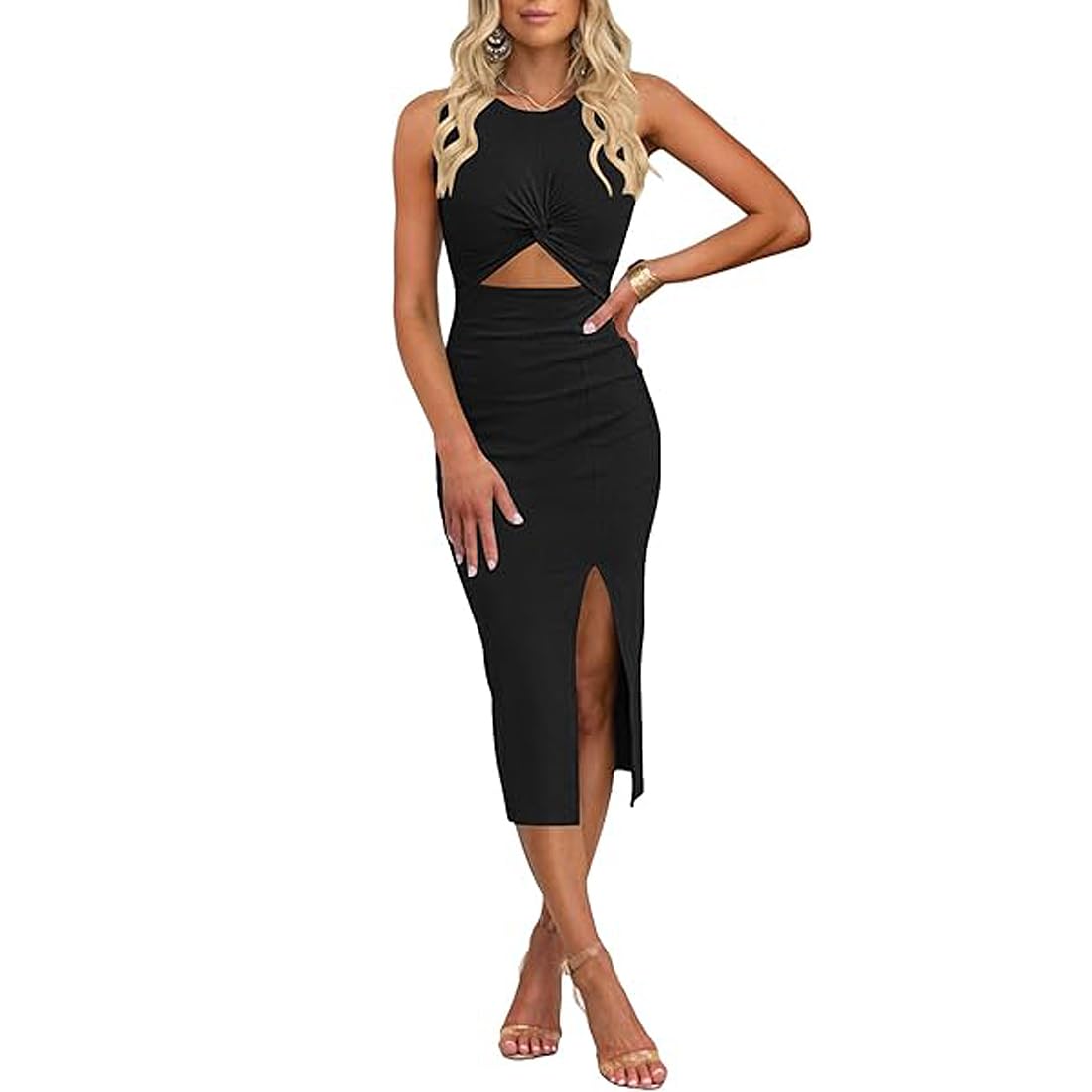 Gkaopi Women's Black Sexy Midi Dress Casual Sleeveless Cut Out Twist Front Side Slit Ribbed Knit Dresses High Waist Ruched Bodycon Midi Dresses Elegant Crewneck Tank Dress For Party Night Out Clubwear