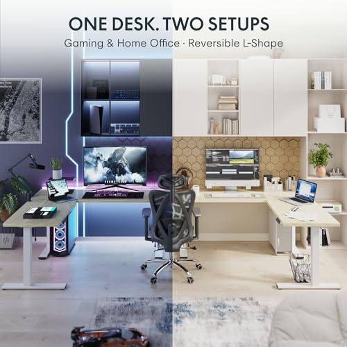 Image of FLEXISPOT L Shaped Standing Desk, 71 x 63 Inch Electric Height Adjustable Corner Desk, Sit Stand Computer Workstation, Preset Controller, Home Office, White Frame with Maple Top