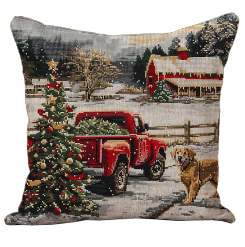 Generic Golden Retriever Red Truck Christmas Scenery DIY Stamped Cross Stitch Pillow Kits Embroidery Pillowcase 11CT Counted Needlepoint Handmade Cushion Cover Home Sofa Christmas Decor 18x18in(2)