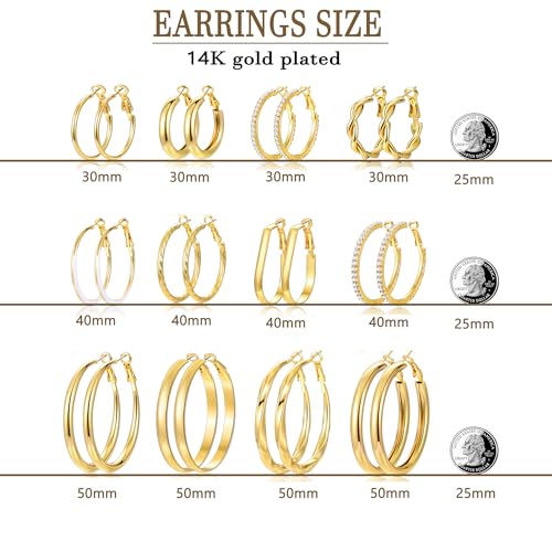 Image of 12 Pairs Gold Hoop Earrings Set for Women, Lightweight Hoop Jewelry