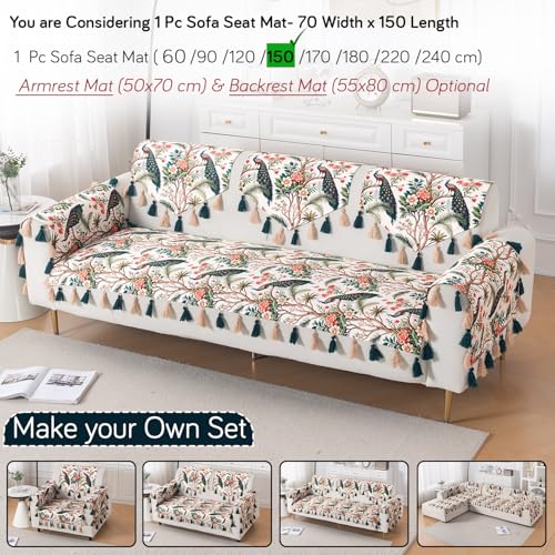 Image of HOKIPO Sofa Cover Mat with Tassel for 1 /2 /3 Seater & L Shape Sofa | DIY Sofa Cover Set | Printed Holland Velvet | 'Whispers of Nature' | 70(W) x 150(L) cm | Multicolor Tropical Peacock (IN-1120-D1)