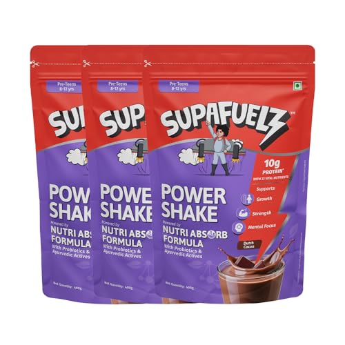 Image of Power Shake Kids 8-12 yrs (3 x 400g) | Height & Strength Drink | 10g Protein, 33 Nutrients, Probiotics & Ayurvedic Actives| Daily Nutrition Drink supports Growth, Focus & Energy | Chocolate 1200 g | Safe Nutrition Drink For Kids