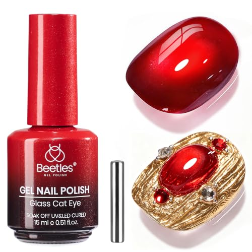 Image of Beetles Red Cat Eye Gel Nail Polish, Magnetic Soak Off Gel Polish 15ml | Full Size Red Cat Eye Gel Polish with Magnetic Creates a Glassy Shimmer Effect UV LED Cured for DIY Salon at Home