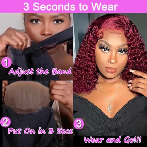Image of Srakuw Wear and Go Glueless Wigs Human Hair Pre Plucked Pre Cut 99j Burgundy Lace Front Wigs for Black Women 180 Density Water Wave Bob Wig Colored Human Hair Curly Wig (99j Burgundy Color, 12 Inch)