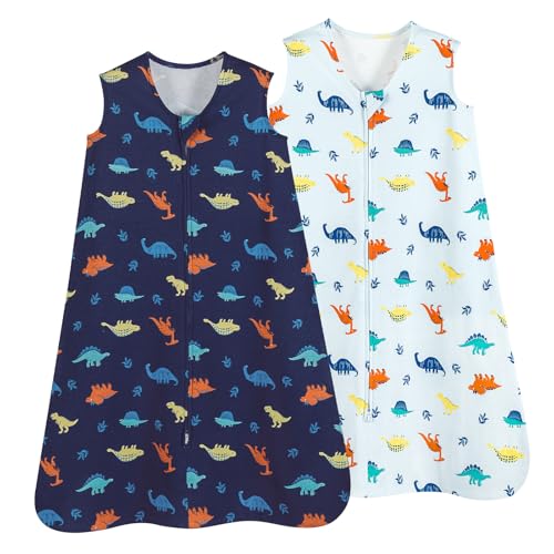 Image of david's kids 100% Organic Cotton Baby Wearable Blankets 0-6 Months, Soft Baby Wearable Blankets with 2-Way Zipper, 2 Pack Comfy Sleeping Bags for Infant Newborn Boys Girls, Small Size, Dinosaur