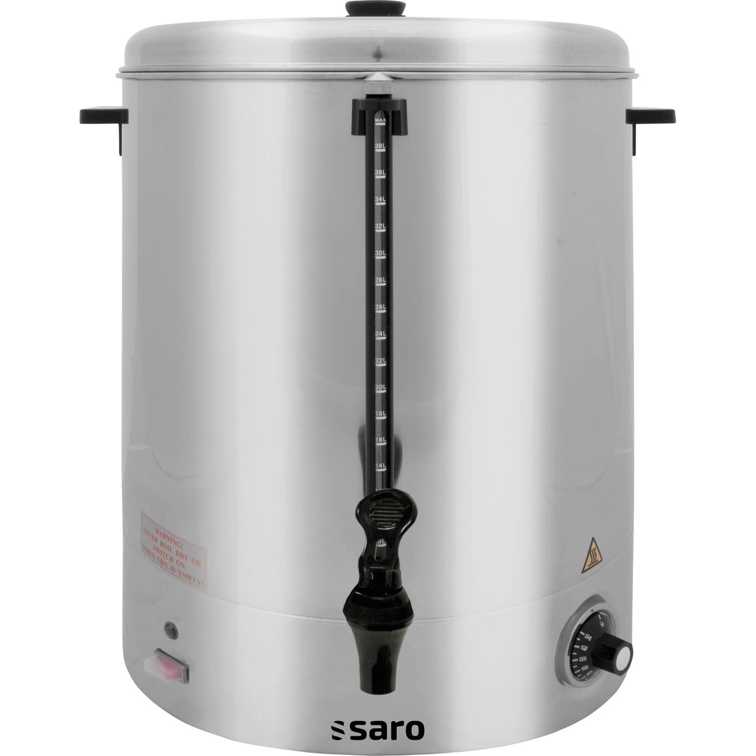 SARO Glühweinkocher/Heißwasserspender – 40 L – Edelstahl – Sicherheitszapfhahn – Temperatur 30–110 °C – 2,4 kW – Modell HOT DRINK MAXI