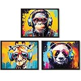 EXCOOL CLUB Animal Graffiti Wall Art - 12x16 Gaming Wall Decor Monkey Poster, Funny Bear Monkey with Headphones Art, Cool Gamer Pictures, Colorful Graffiti Posters for Teens Boys Room (Unframed)