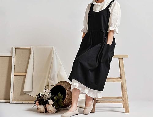 Miniatura 3 de NEWGEM Delantal de lino y algodón con espalda cruzada para mujer, con bolsillos para cocinar, hornear, color negro, sin lazos en la cintura