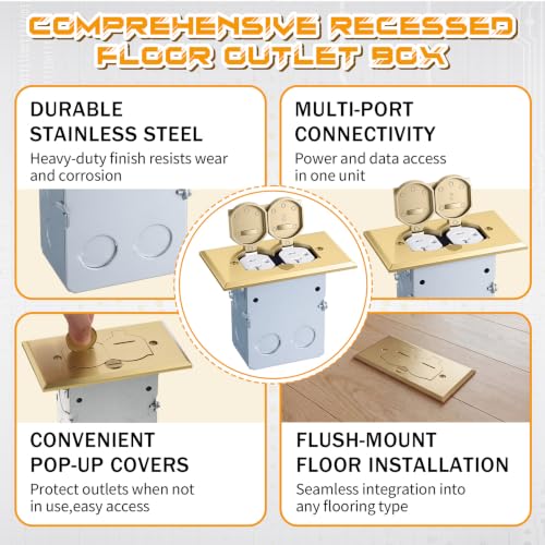 Image of Brass Recessed Floor Outlet Box, UL Listed Low Profile Hidden Flip-Up Floor Outlet with Watertight Gasket, 20A Tamper Resistant Receptacle for Living Room, Home Office, Conference Room