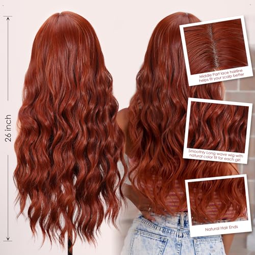 SHINLEA Auburn Wig for Women, 26 Inch Long Wavy Lace Hairline Middle Part Natural Looking Synthetic Heat Resistant Fiber Wigs for Daily, Party, Halloween and Cosplay, Auburn - image 4