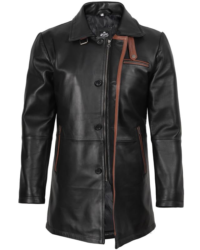 Image of Blingsoul Real Lambskin Long Leather Jacket Men - Mid-Length Mens Leather Coat