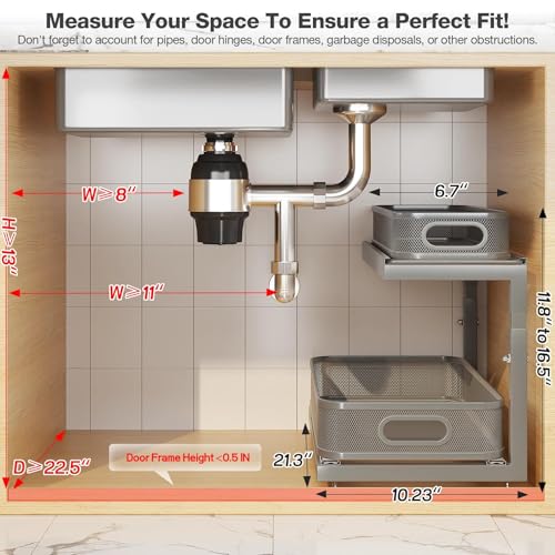 Image of 2-Pack 21.3 IN Depth Under Sink Organizer With Next-Gen Ball-Bearing Slides,Sophisticated Mesh 2-Tier Pull Out Shelf for Kitchen & Bathroom,Fits Small Items-Gun Gray