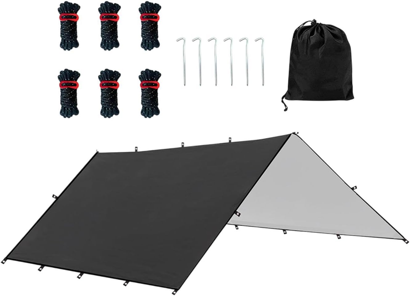 Camping Tent Tarp Sun Canopy Foldable with 6 Stakes and 6 Ropes Waterproof Versatile for Picnic Simple Assembly, Black L