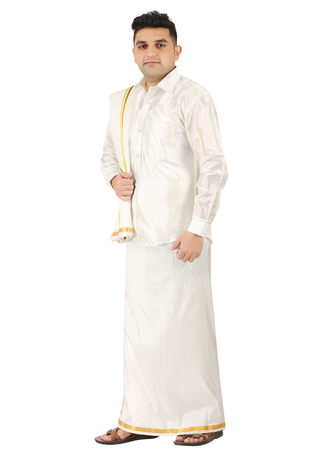 Prakasam Cotton Mens Silk Look Full Sleeve Regular Fit Shirt + Double Layer 8 Mulam Dhoti(Free Size) + Single Towel (White, 46)