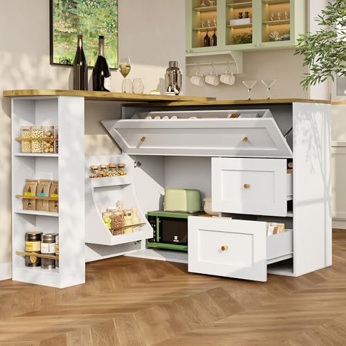 Tavolo da bar espandibile con contenitore (138-204 x 39 x 105 cm), tavolo telescopico da bistrot, mobile da cucina, scaffale per snack, tavolo da pranzo alto, versatile salvaspazio.