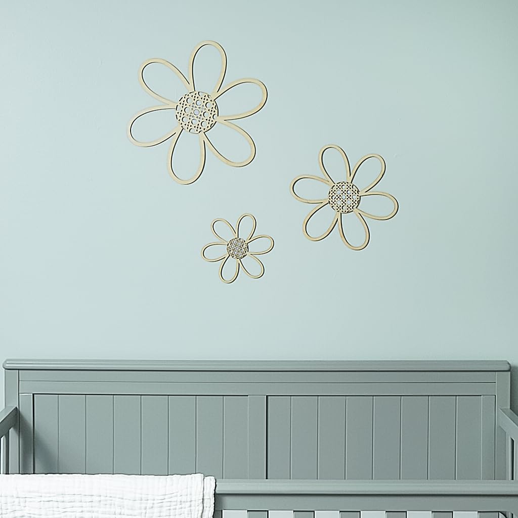 Woodpeckers Rattan Daisy Wall Decor 8-inch, Pack of 3 Wooden Flower Wall Decor for Nursery Decor for Girls and Floral Home/Party Decor