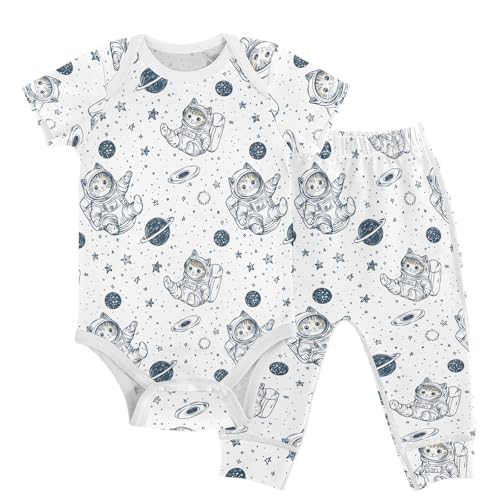 vvfelixl Kitten Astronauton Baby Layette Sets,Baby Bodysuits Set Unisex Short Sleeve Babys Pants Sets 9-12M