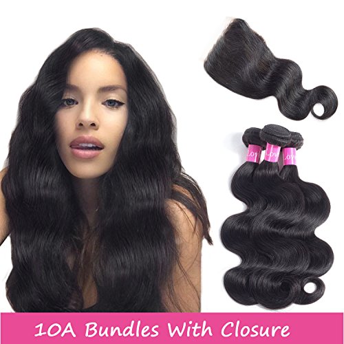 Brazilian Hair 3 Bundles With Closure 10A Virgin Remy Hair Weaves With Free Part Lace Frontal Natural Black Unprocessed Human Hair Extensions By Lovenea (10'' 12'' 14''+10'', 3 Bundles+Closure)