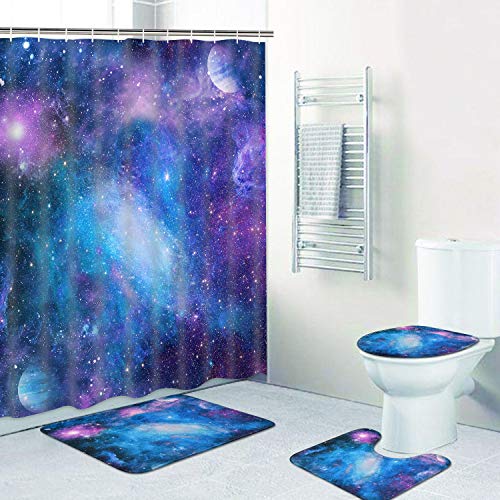 TAMOC 4 Pcs Purple Galaxy Shower Curtain Set with Non-Slip Rug, Toilet Lid...