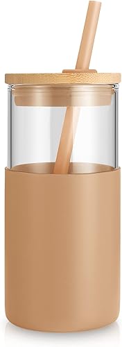 Miniatura 2 de tronco Vaso de vidrio de 24 onzas con popote y tapa, taza de vidrio con tapa y pajita, taza de batido, taza de café helado, tapa de bambú y funda