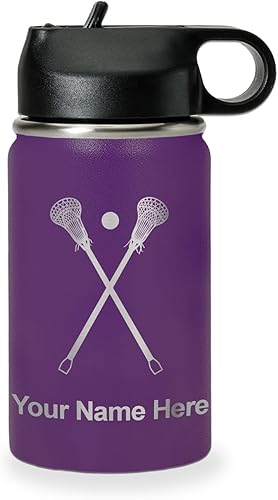 Vista 150 de LaserGram Botella de agua personalizada, palitos de lacrosse, acero inoxidable de doble pared aislada al vacío con popote superior, regalo grabado
