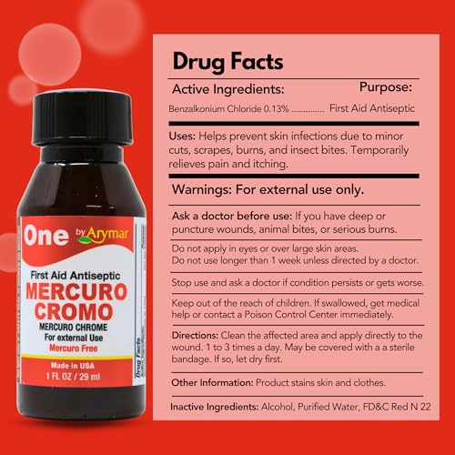 Arymar Mercuro Chrome Antiseptic Solution 1 fl oz. First Aid Topical Liquid for Minor Cuts, Scrapes & Burns