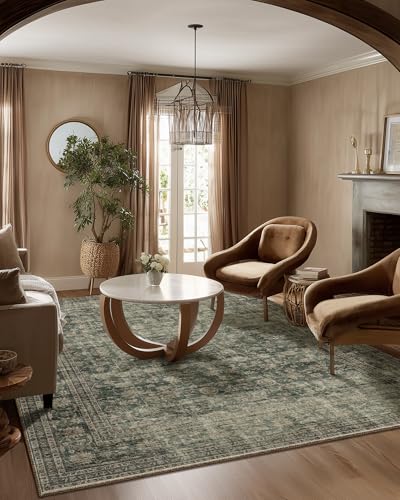 Washable Living Room Area Rug: 5x7 Rugs for Bedroom Vintage Stain Resistant Non Slip Low Pile Lightweight Boho Carpet for Kitchen Dining Room Farmhouse Kids Room Nursery