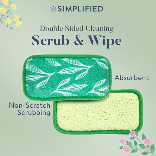 Image of Simplified 5-Pack Scrub & Wipe 2-in-1 Dishwashing Sponges - Non-Abrasive Cleaning Sponges, Double-Sided - Safe for Dishes, Non-Stick Pans or Glassware, Absorbent Dish Sponges, Green Leaves