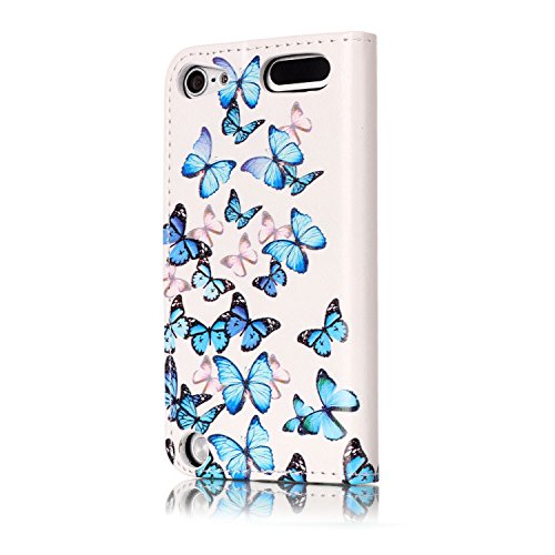 Ipod Touch 6 Case,Ipod Touch 5 Case, Phezen Ipod Touch 6Th / 5Th Generation Wallet Case - Elegant White Blue Butterfly Design Pu Leather Flip Cover Stand Folio Protective Cover Case With Card Slot #TOP1